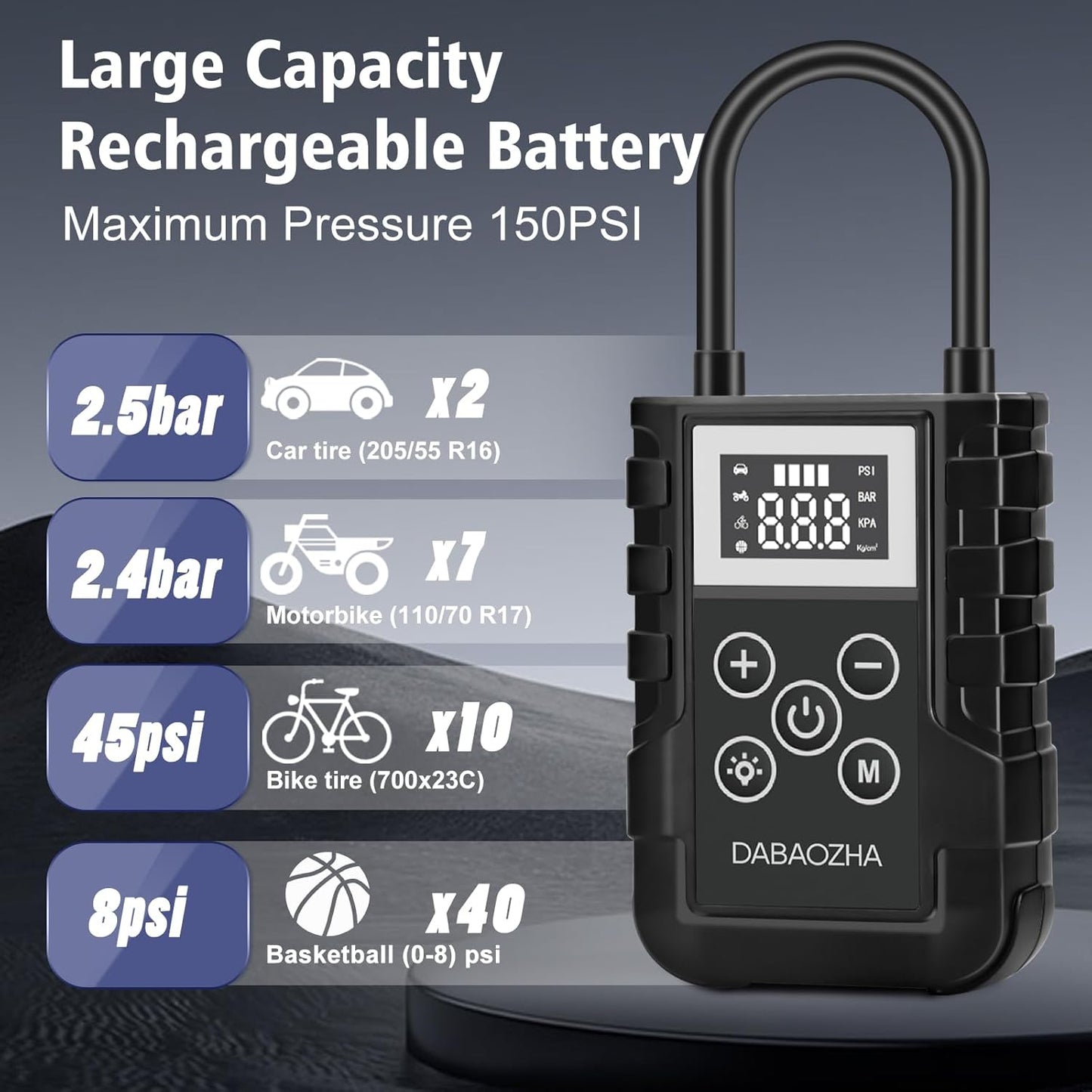 DABAOZHA 150 PSI Portable Air Compressor – Battery‑Powered Tire Inflator for Car, Bike, Motorcycle & Balloons