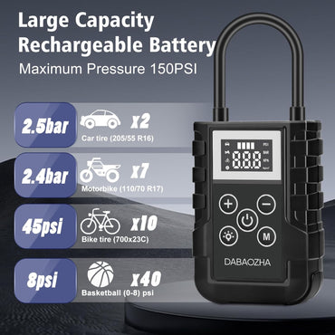 DABAOZHA 150 PSI Portable Air Compressor – Battery‑Powered Tire Inflator for Car, Bike, Motorcycle & Balloons