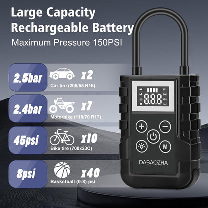 DABAOZHA 150 PSI Portable Air Compressor – Battery‑Powered Tire Inflator for Car, Bike, Motorcycle & Balloons