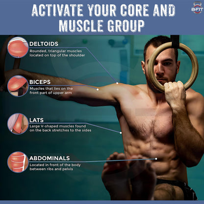 B Fit Wooden Gymnastic Rings with Heavy-Duty Adjustable Straps