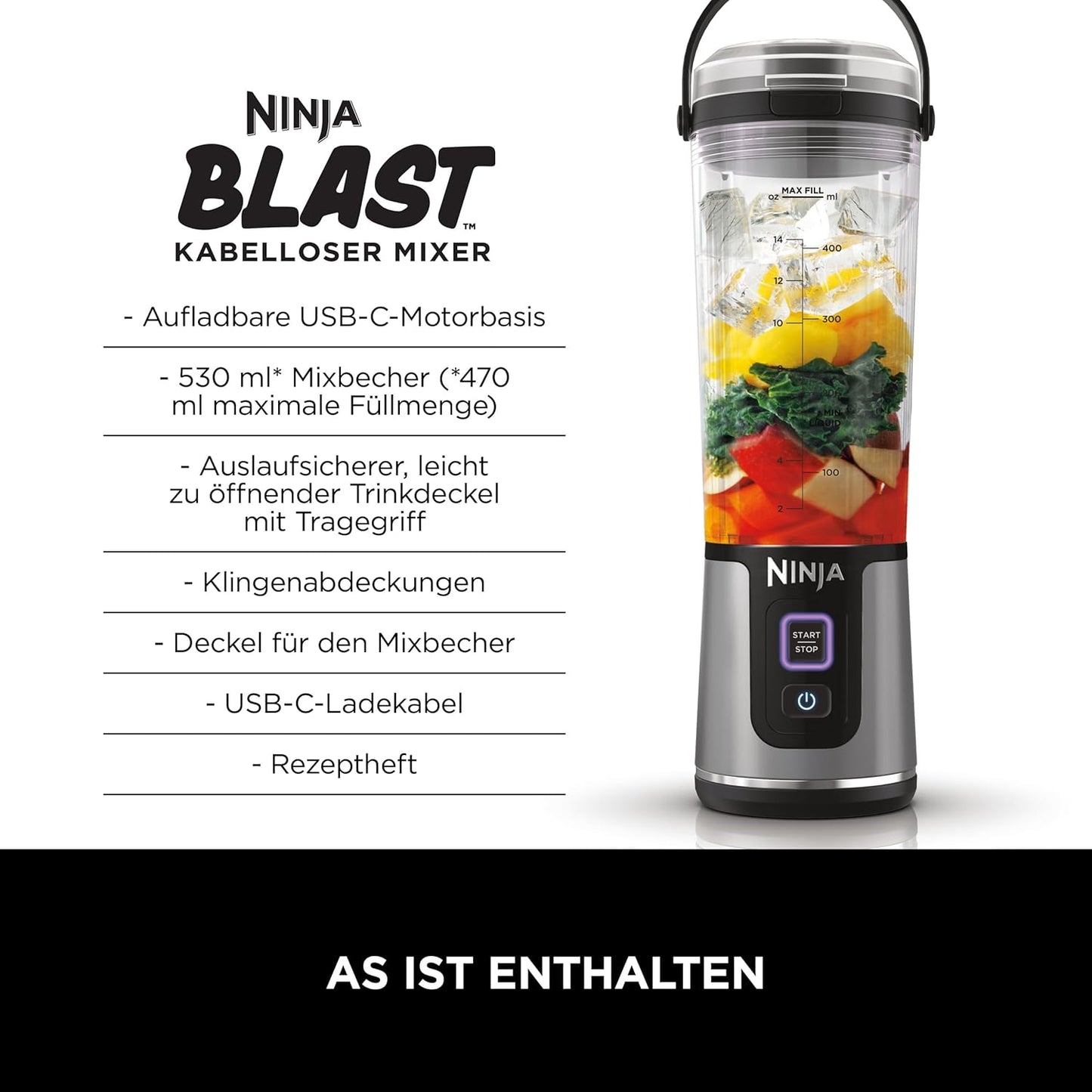 Ninja Blast Portable 530ml Wireless Blender with Leak‑Proof Lid