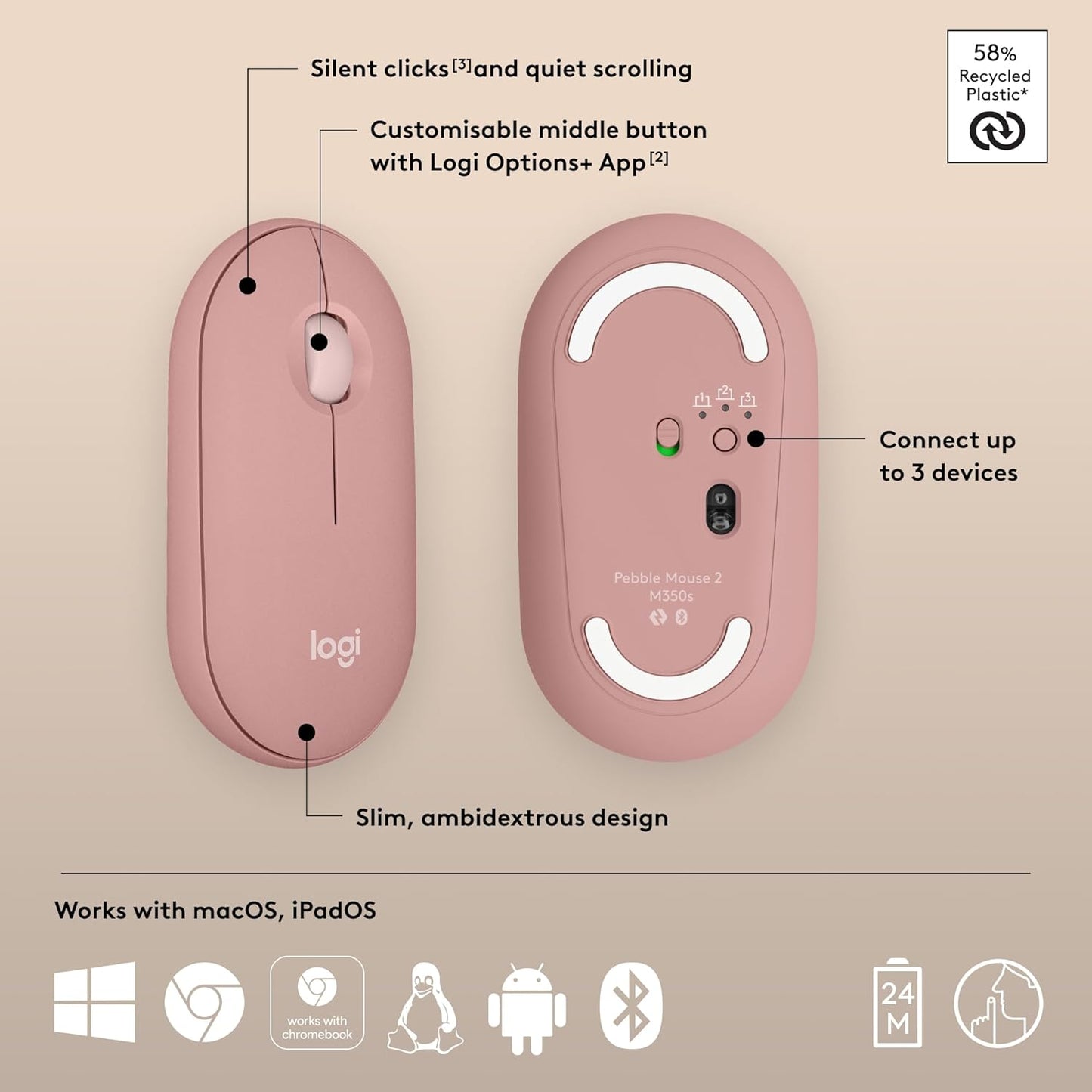 Logitech Pebble Mouse 2 Slim Silent Bluetooth in Tonal Rose