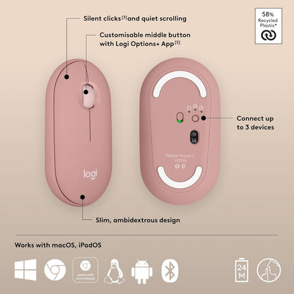 Logitech Pebble Mouse 2 Slim Silent Bluetooth in Tonal Rose