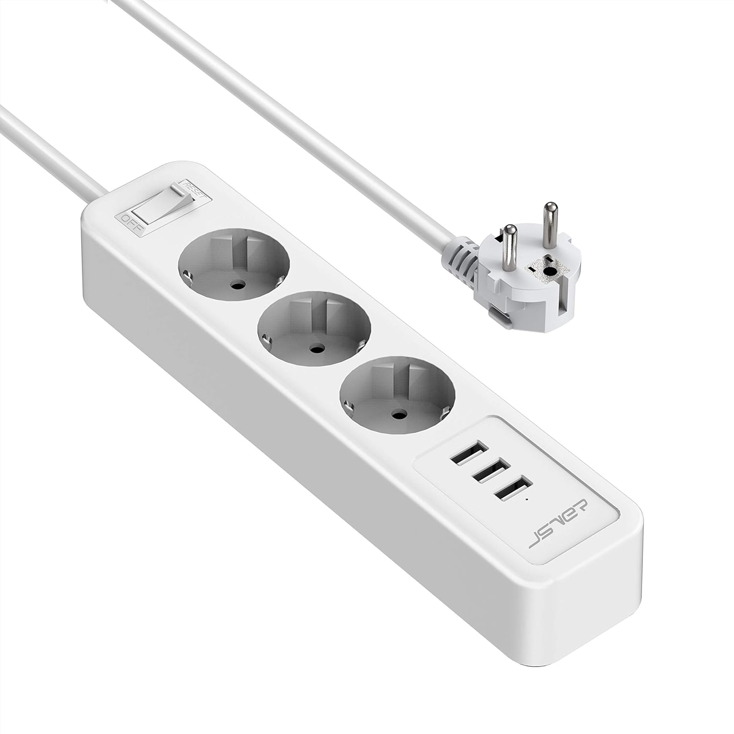 JSVER Strip with 3 Outlets, 3 USB Ports, 2m Cable