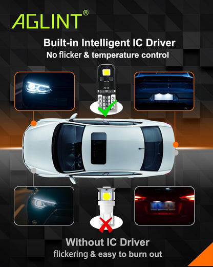 AGLINT 10X T10 W5W Canbus Error-Free LED Bulbs 2SMD Super Bright 194 2825 168 Wedge for Car Interior Dome Map Door Side Marker License Plate Lights 6500K Xenon White