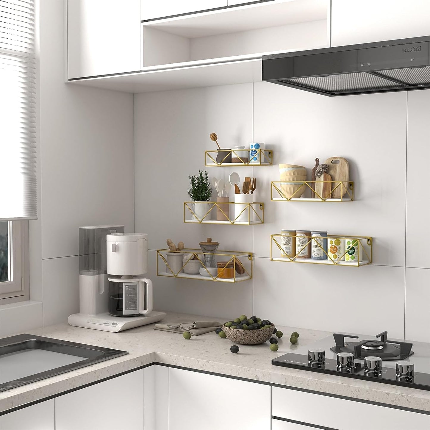 Gold Floating Shelves Wall Mounted Set of 5, Hanging Storage Floating Shelf for Bathroom, Kitchen, Bedroom, Living Room (Gold)