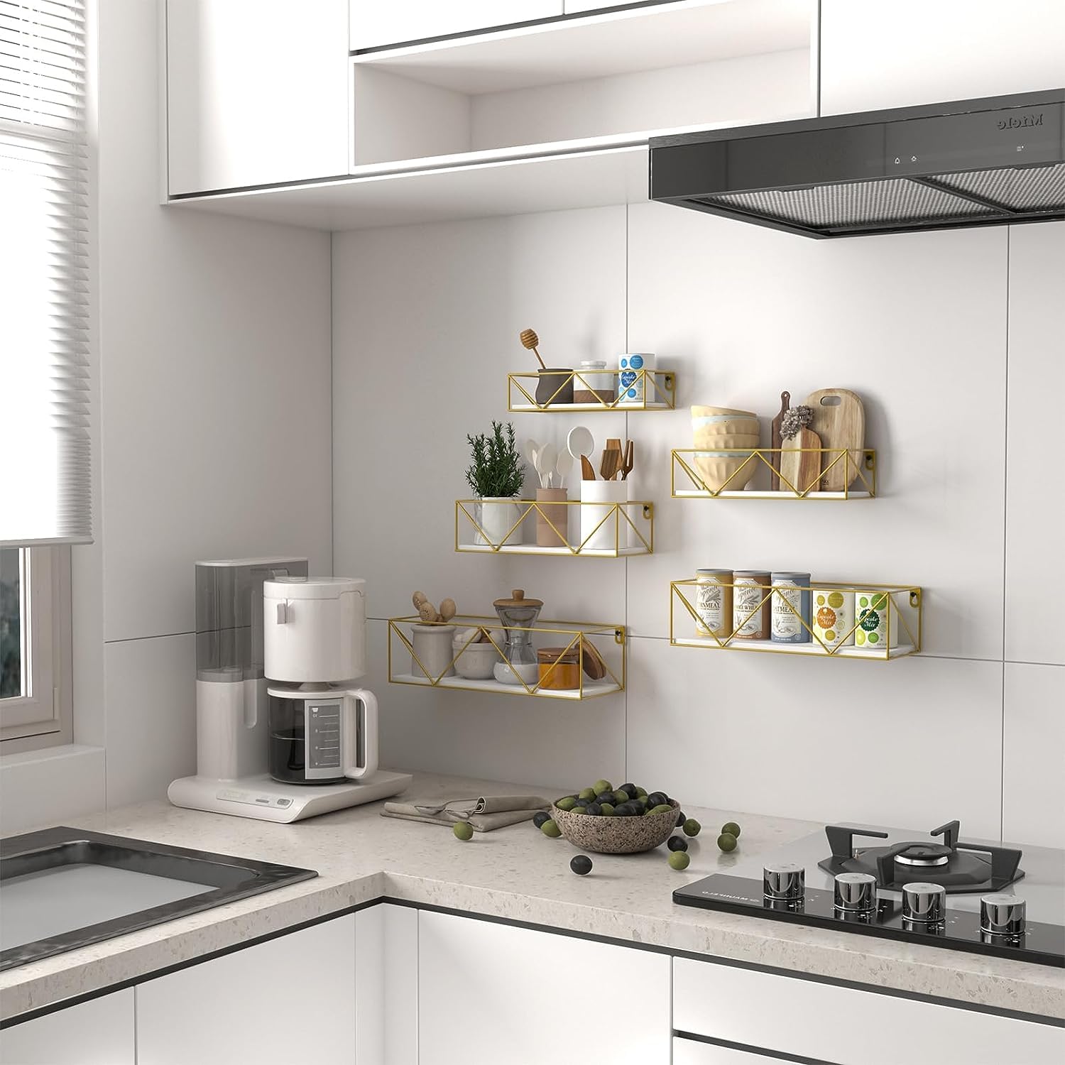 Gold Floating Shelves Wall Mounted Set of 5, Hanging Storage Floating Shelf for Bathroom, Kitchen, Bedroom, Living Room (Gold)