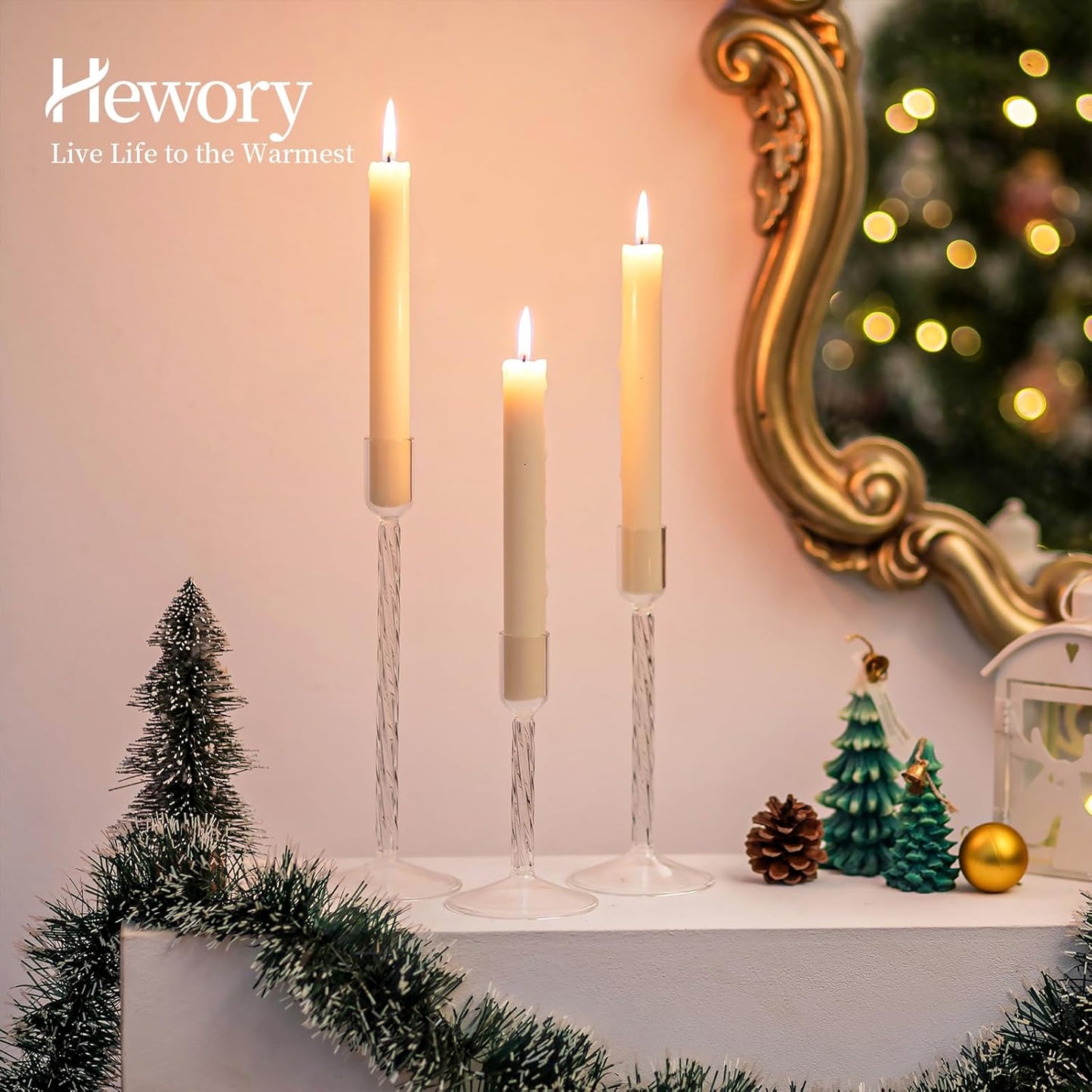 Hewory Vintage Glass Candle Holders Set – 3 Elegant Taper Stands