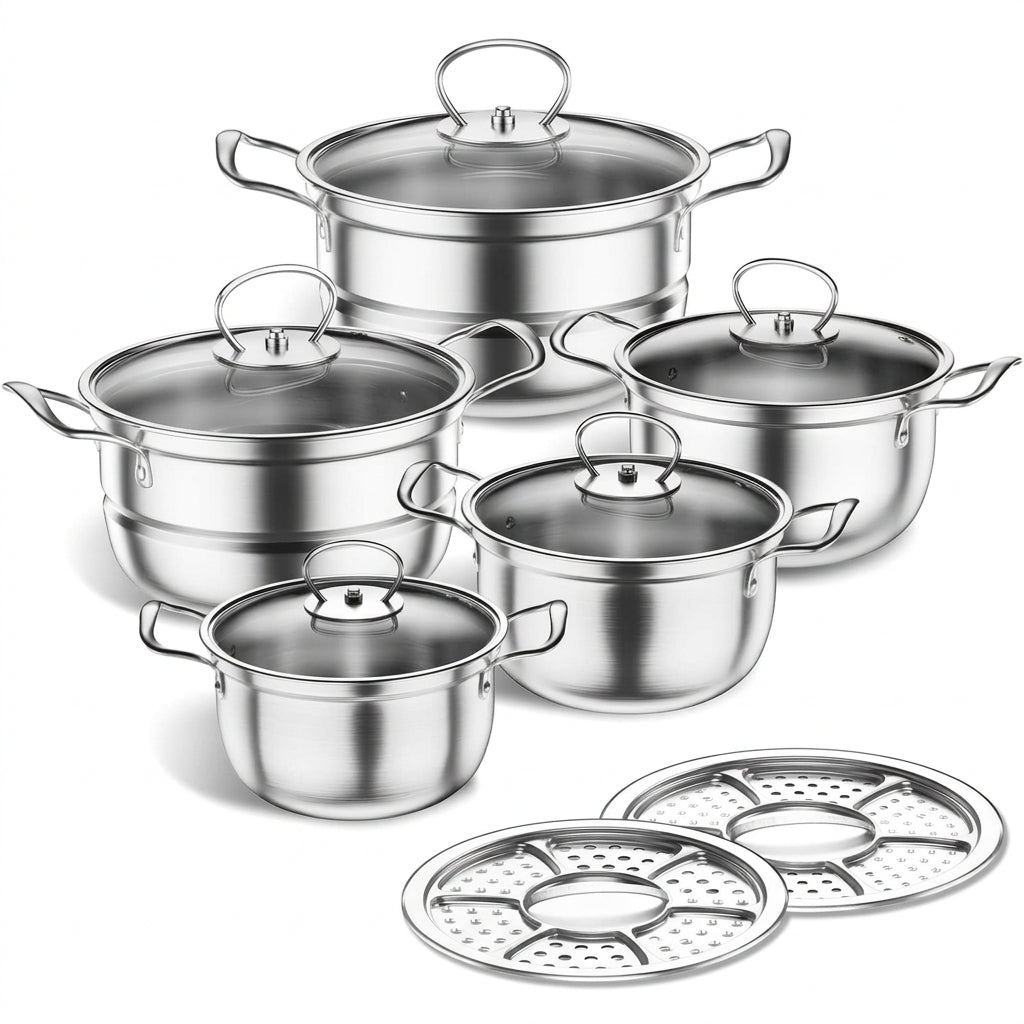 Mihoho 12-Piece Stainless Steel Cookware Set with Glass Lids