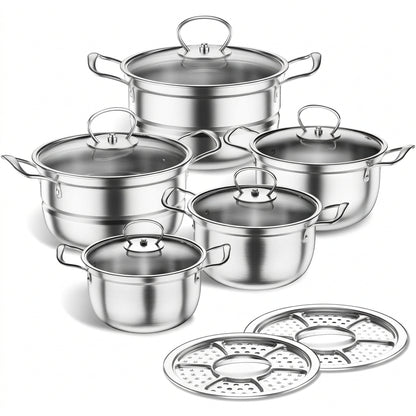 Mihoho 12-Piece Stainless Steel Cookware Set with Glass Lids