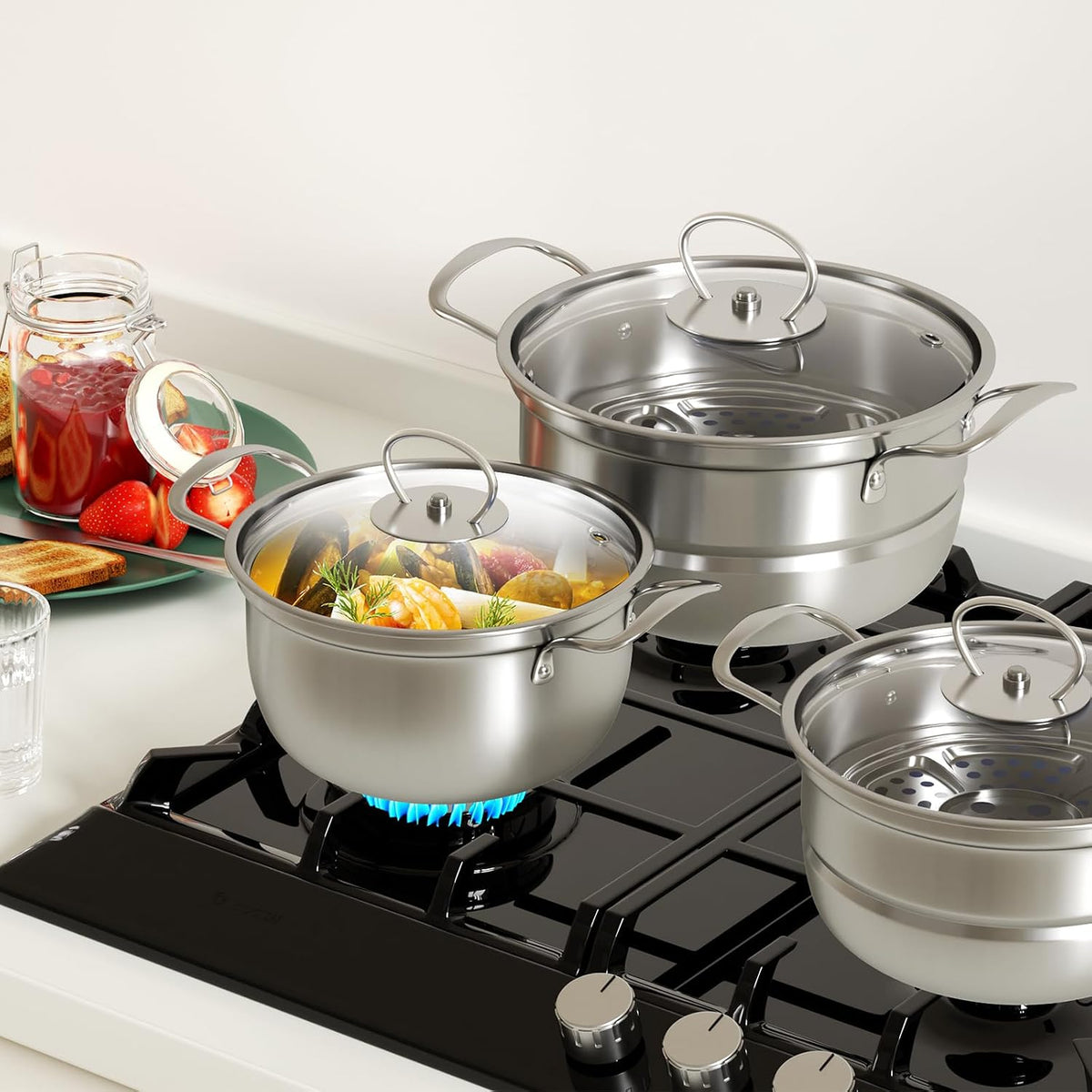 Mihoho 12-Piece Stainless Steel Cookware Set with Glass Lids