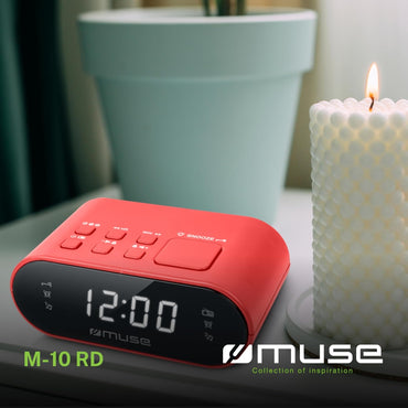 MUSE M-10 Red Compact Clock Radio with FM Dual Alarm