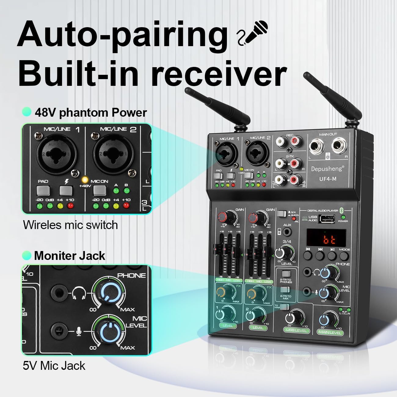 Depusheng 4‑Channel Audio Mixer with Dual Wireless Mic