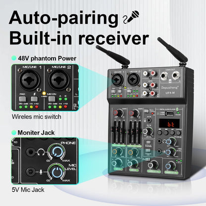Depusheng 4‑Channel Audio Mixer with Dual Wireless Mic