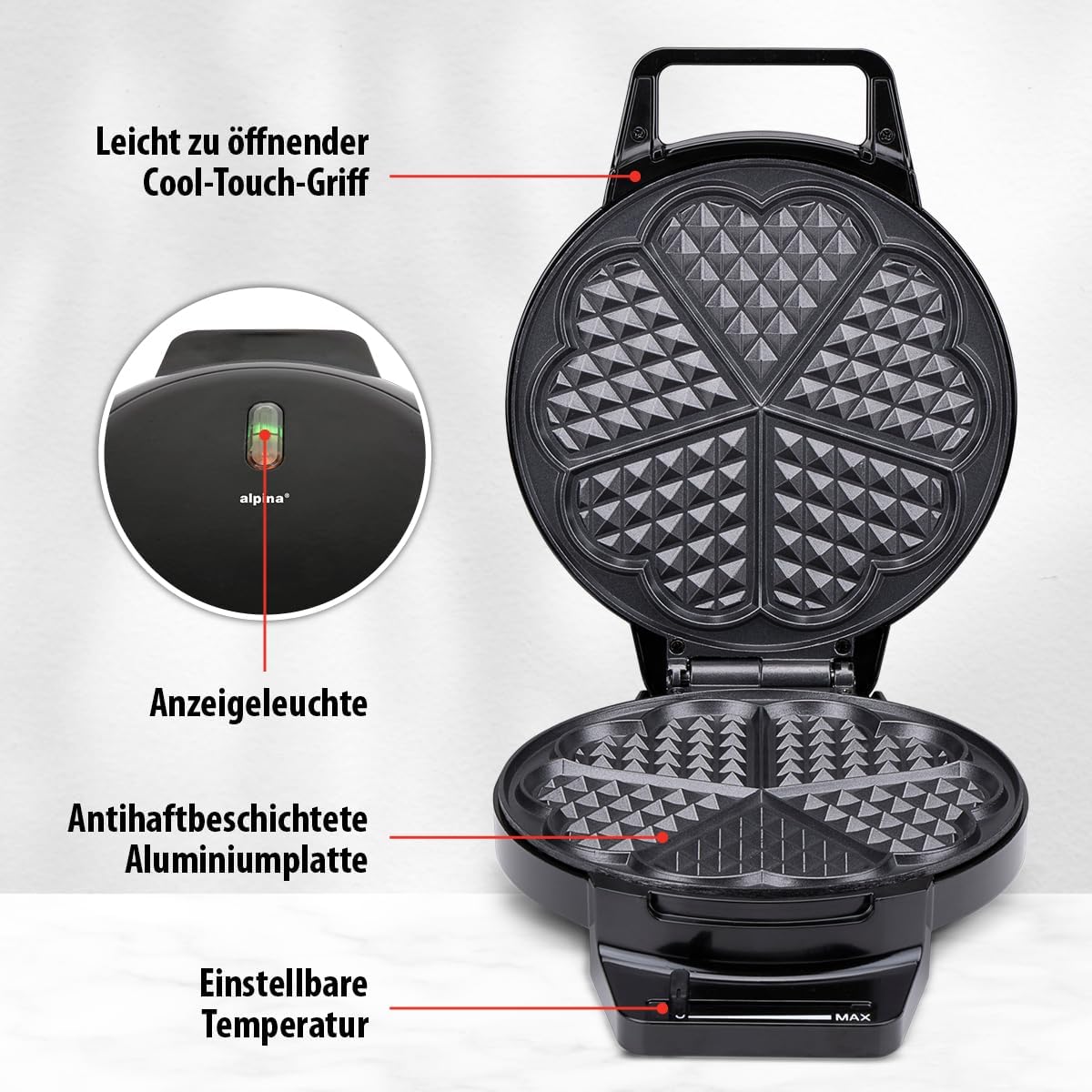 Alpina Heart-Shaped Waffle Maker 1000W Black