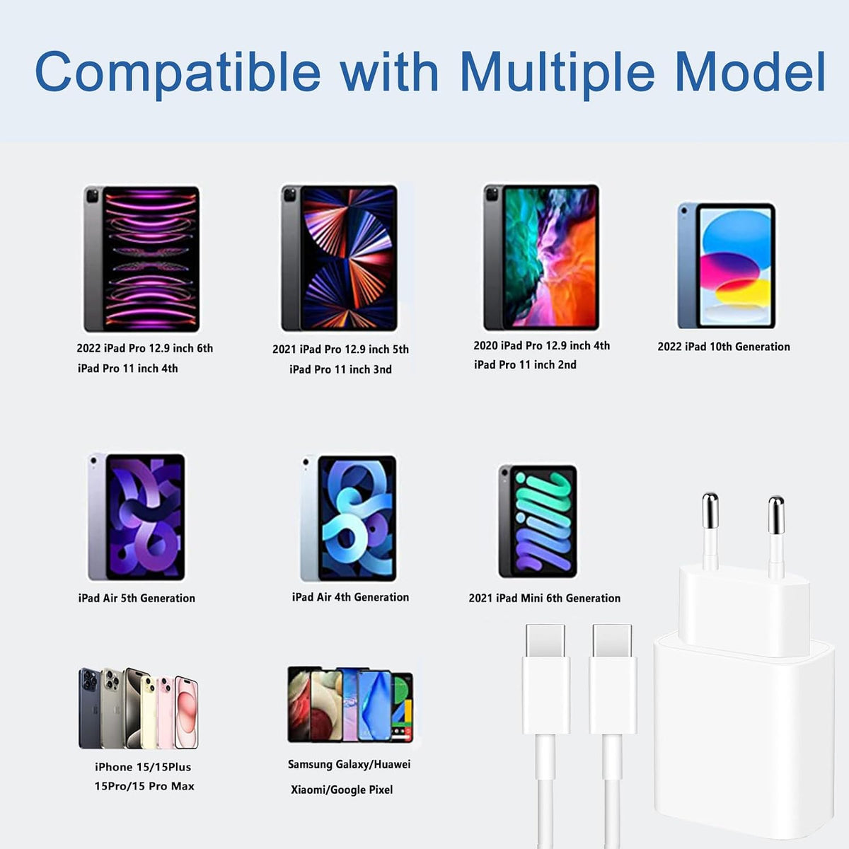INTPIHP 25W European Travel USB C Wall Charger with 2m Cable RLC-381