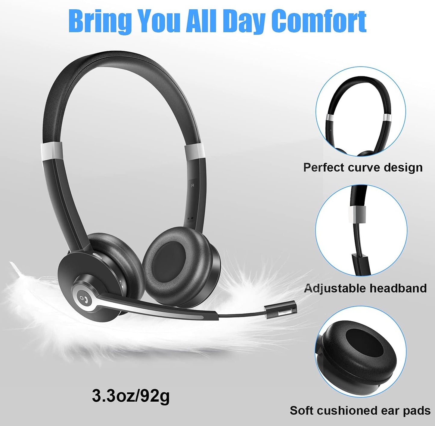 YUWAKAYI Bluetooth Headset V5.0 Noise Canceling Mic Mute 26H Battery Over-Ear Wireless Headphone for Laptop Cell Phone Tablet Call Center Office Black