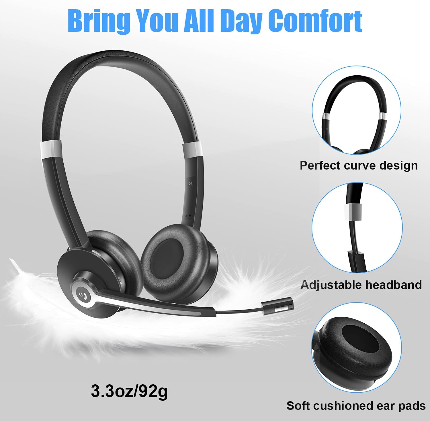 YUWAKAYI Bluetooth Headset V5.0 Noise Canceling Mic Mute 26H Battery Over-Ear Wireless Headphone for Laptop Cell Phone Tablet Call Center Office Black