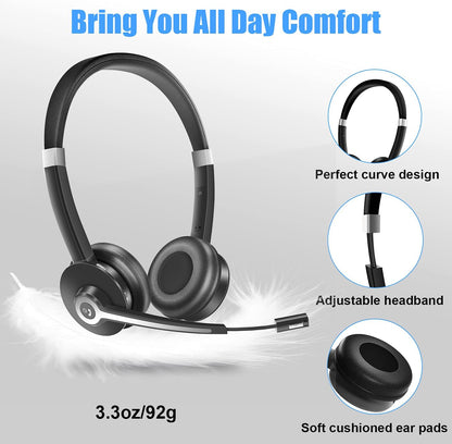 YUWAKAYI Bluetooth Headset V5.0 Noise Canceling Mic Mute 26H Battery Over-Ear Wireless Headphone for Laptop Cell Phone Tablet Call Center Office Black
