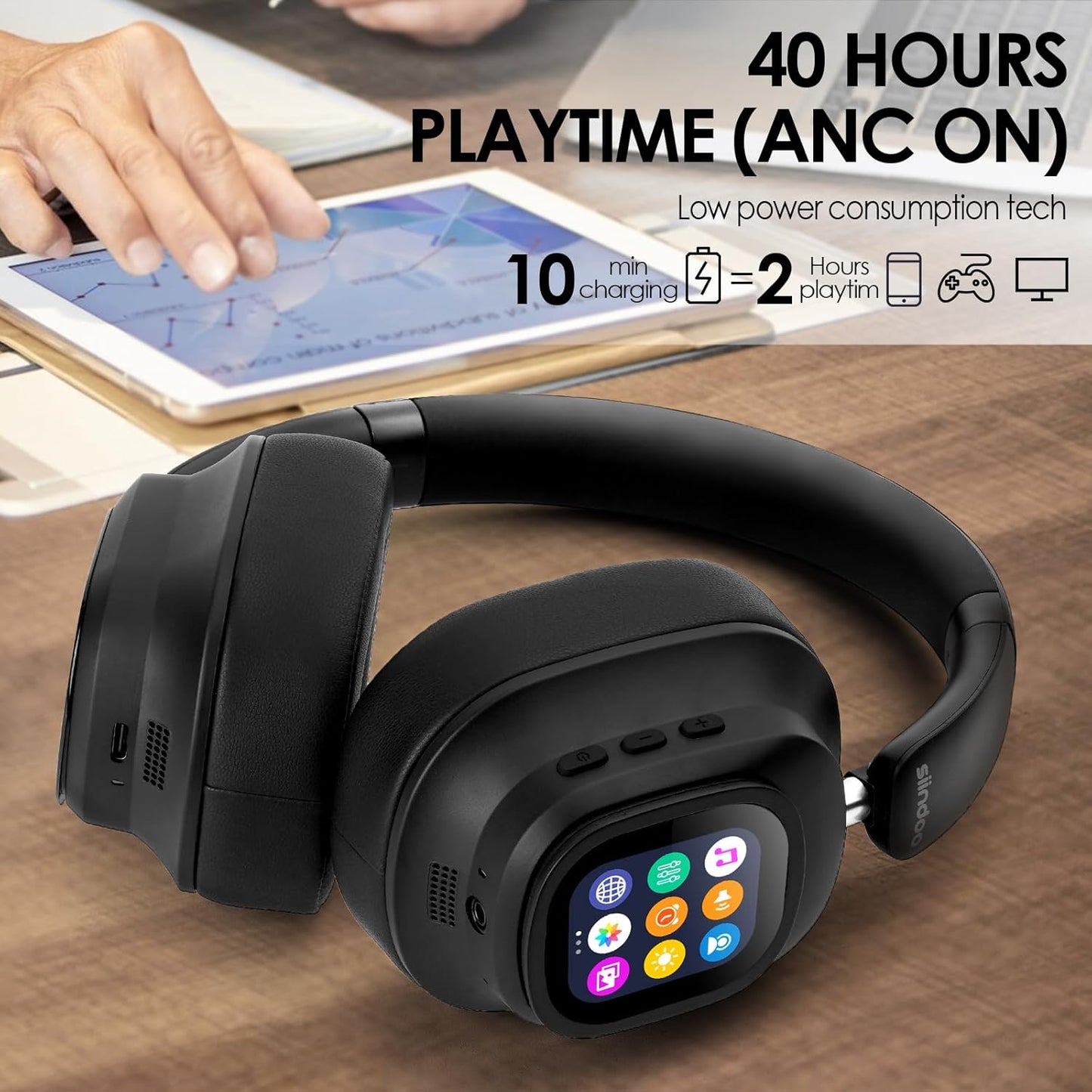 Siindoo JH-ANC930Plus Hybrid ANC Over-Ear Headphones with Touchscreen