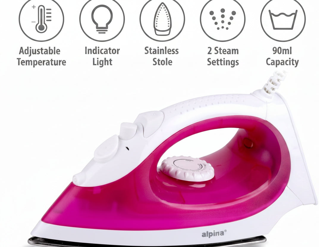 Alpina 2000W Steam Iron Pink/White with120ml Water Tank