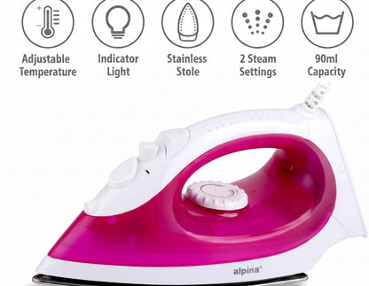 Alpina 2000W Steam Iron Pink/White with120ml Water Tank