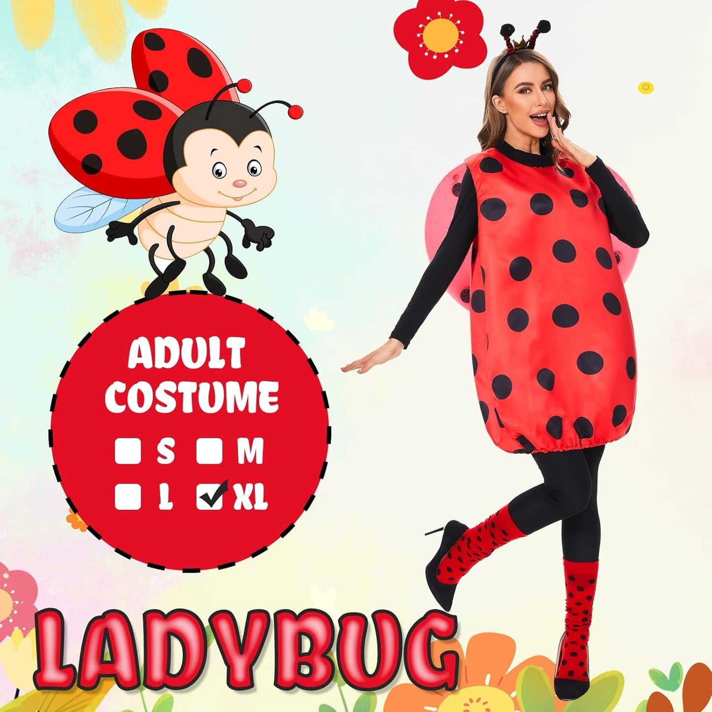 FORMIZON Red Ladybird Costume with Wings, Leg Sleeves & Headband – XL