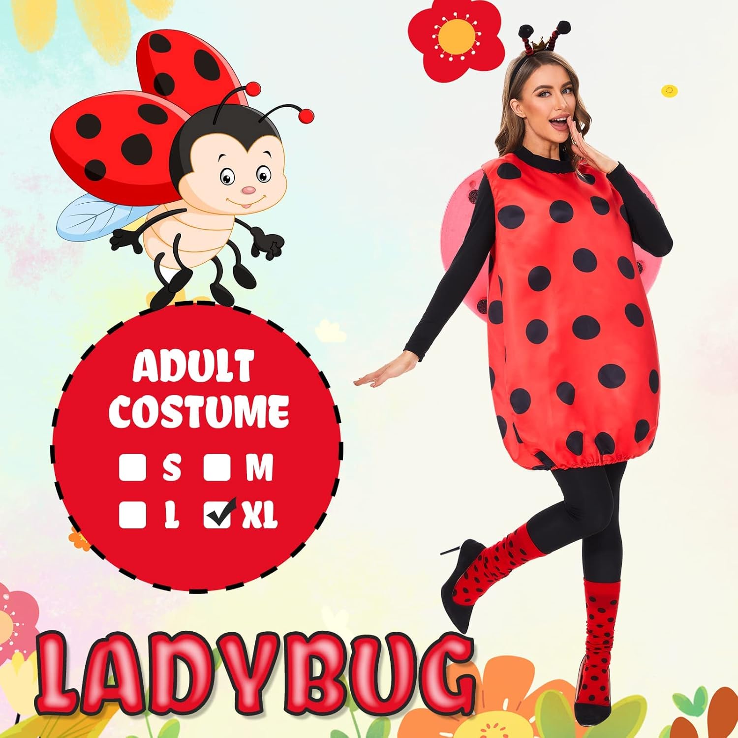 FORMIZON Red Ladybird Costume with Wings, Leg Sleeves & Headband – XL