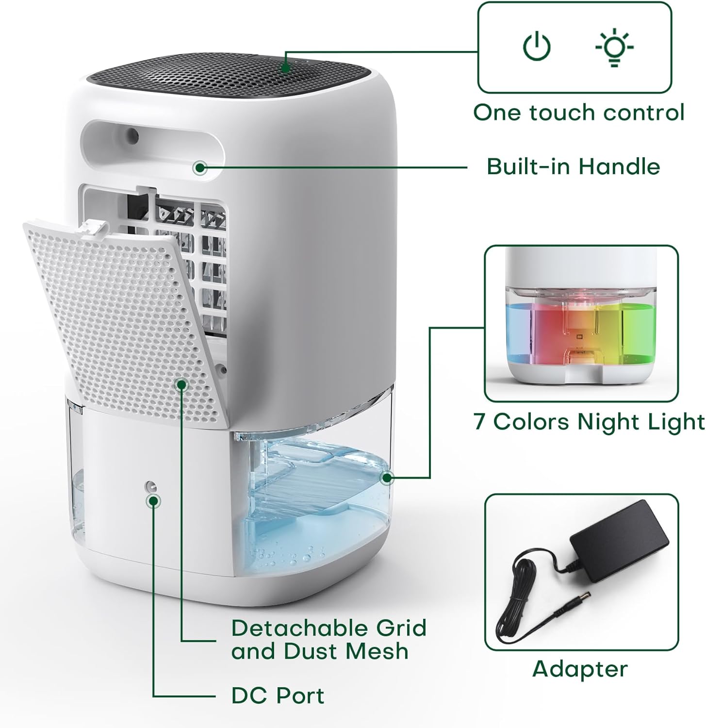 CONOPU 1000ml Portable Ultra-Quiet Dehumidifier with Colorful LED Light