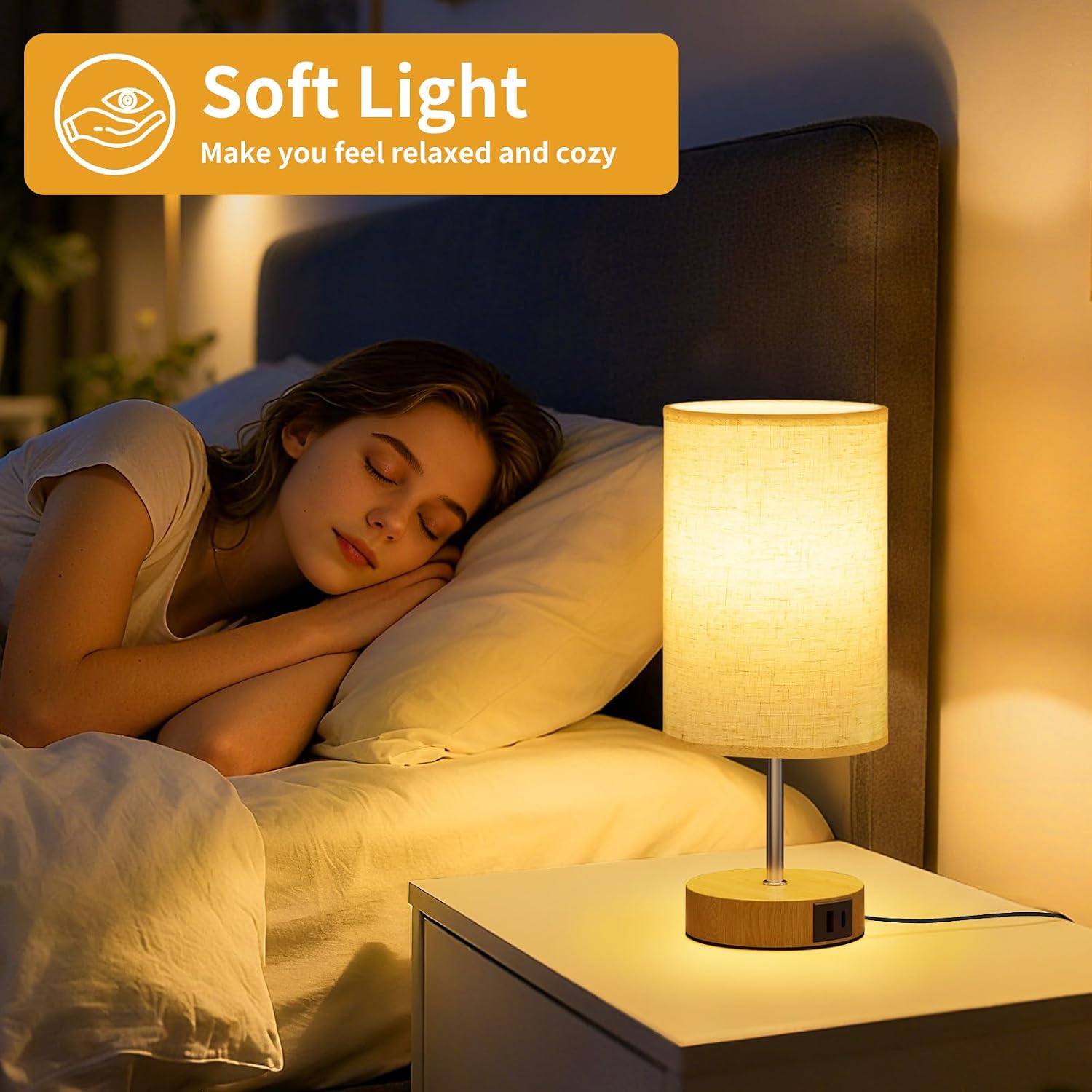 Suright Bedside Lamps Set of 2 with USB A+C Charging Ports 3-Way Dimmable Touch Control Table Lamp with Linen Fabric Shade LED Bulb Included