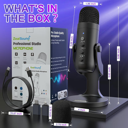 ZealSound K66 USB Condenser Microphone with Adjustable Gain, 360° Rotatable