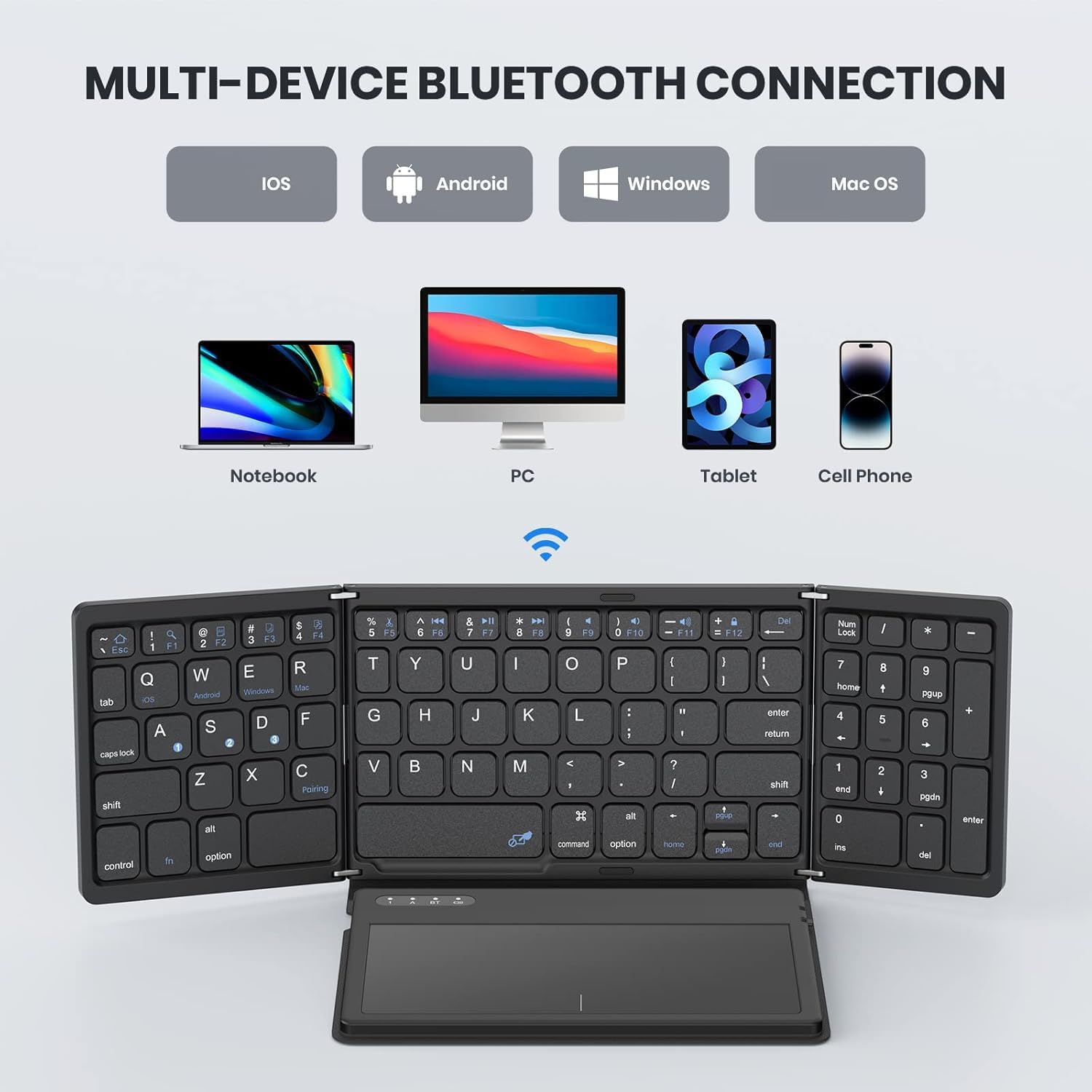 HOUMT Foldable Full-Size Bluetooth Keyboard with Touchpad & Numeric Keypad