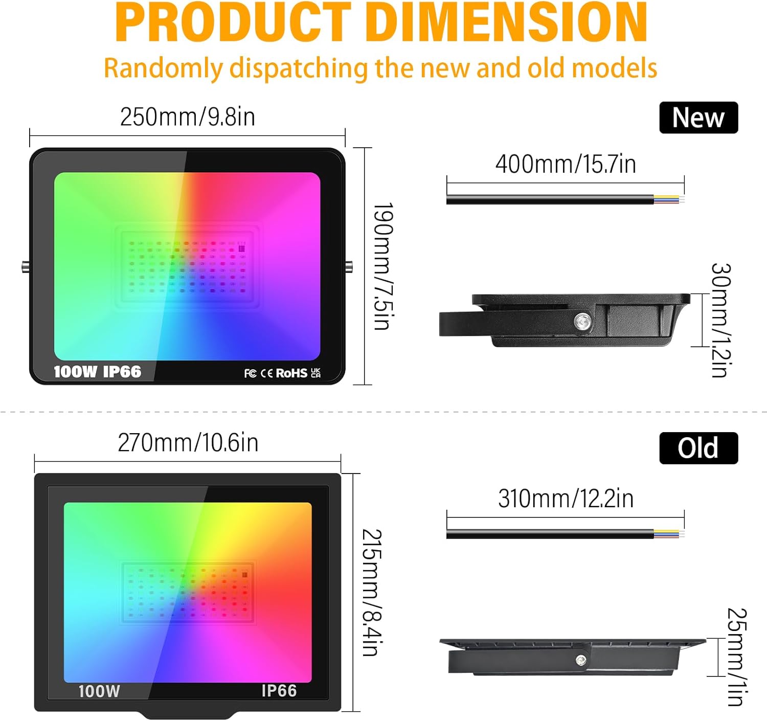 PICAA Outdoor Security LED Floodlight 100W RGB Color Changing with Remote Control IP66 Waterproof Dimmable Wall Light