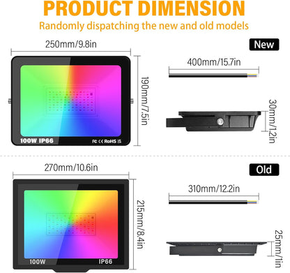 PICAA Outdoor Security LED Floodlight 100W RGB Color Changing with Remote Control IP66 Waterproof Dimmable Wall Light