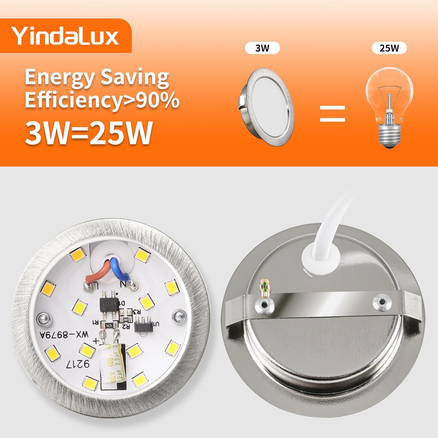 YindaLux 3W LED Recessed Spotlight 230V IP44 300lm Warm White Ultra Flat 15mm for Bathroom Living Room 3-Pack