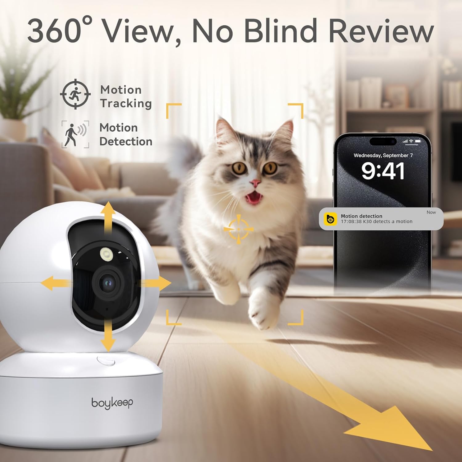BoyKeep 2K Indoor Pet Camera, 360° Pan Tilt, Night Vision