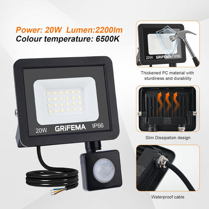 GRIFEMA 20W LED Motion Sensor Spotlight with 2200 Lumen 6500K Cool White Light