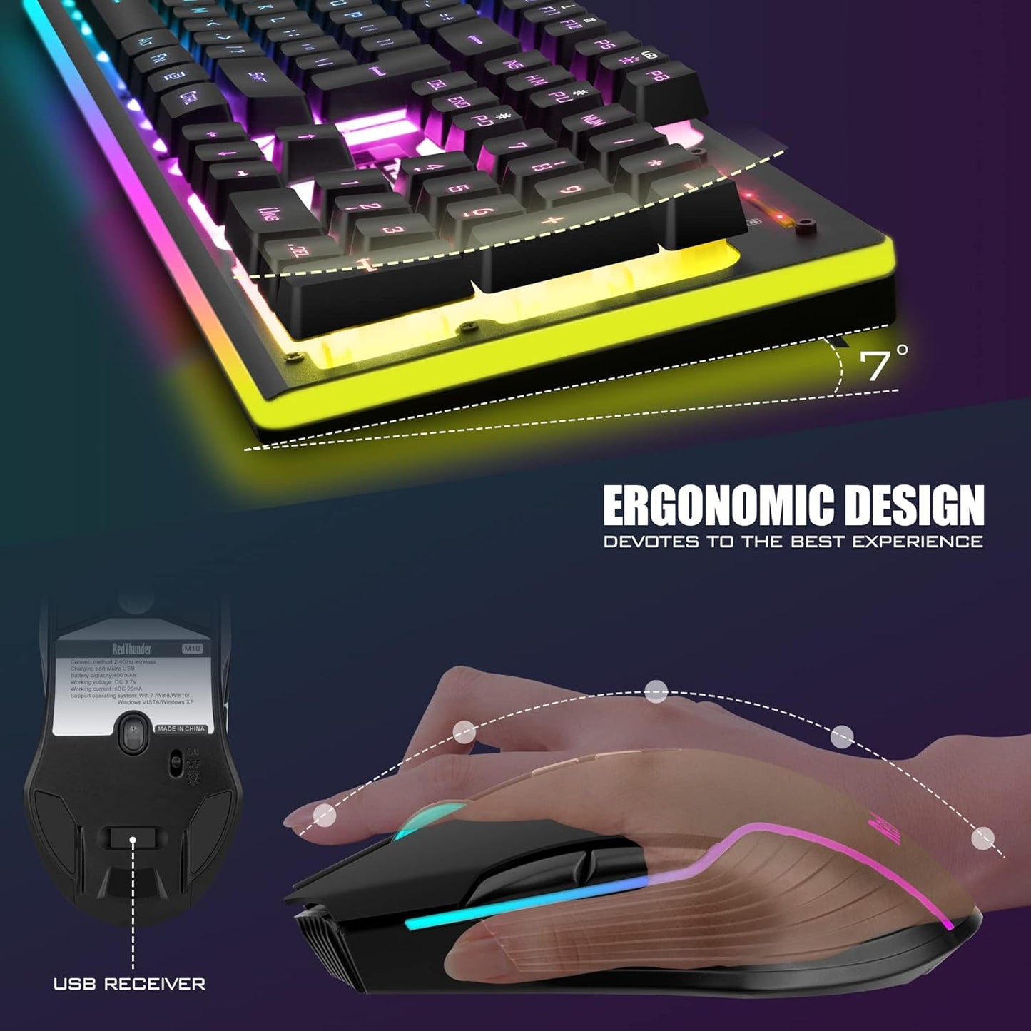 RedThunder K10 Wireless Gaming Keyboard & Mouse Combo with RGB