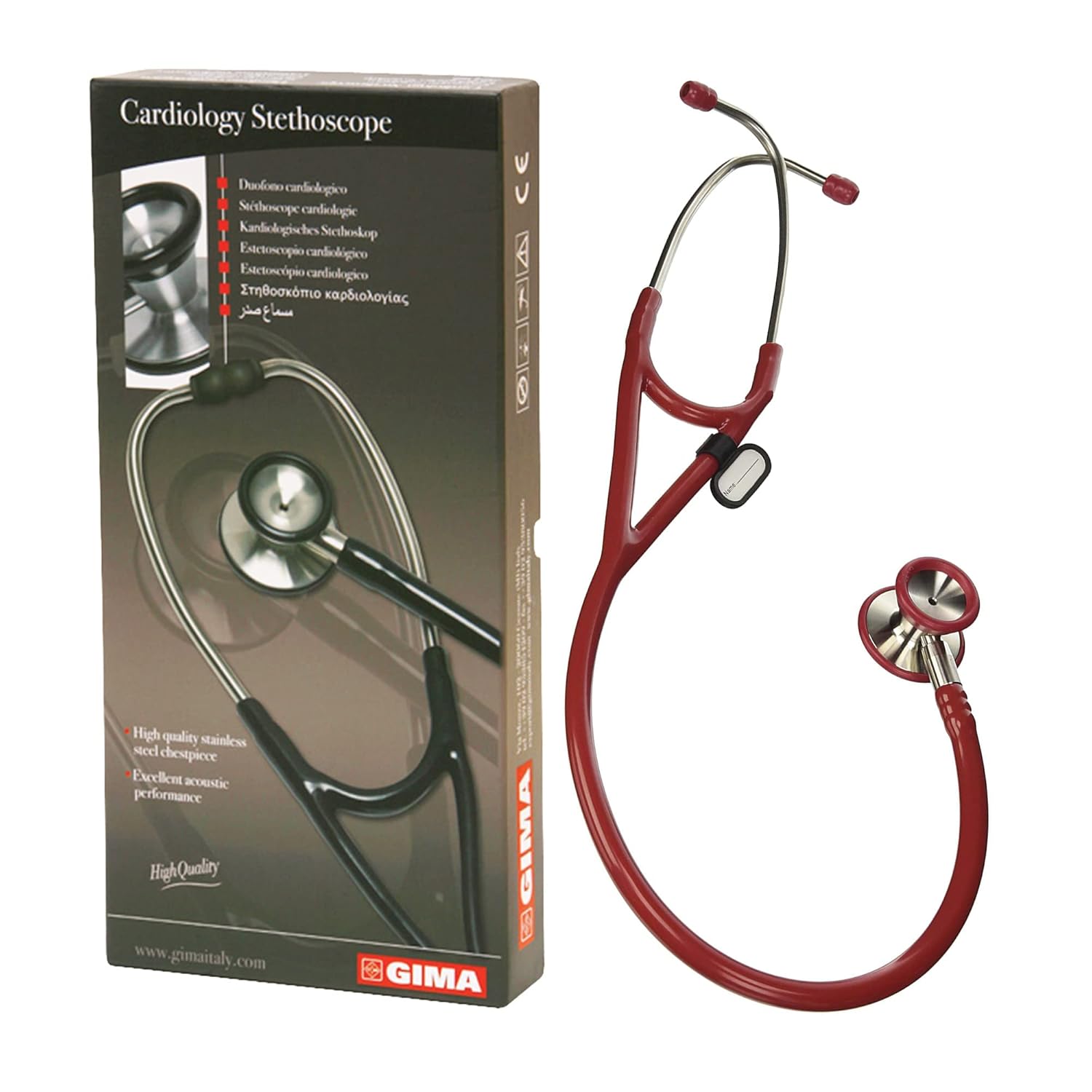 Gima 32551 Dual‑Head Cardiology Stethoscope with Burgundy PVC Tube