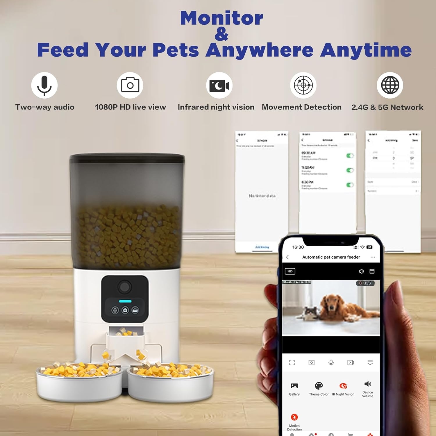 Smart Dual-Pet Automatic Feeder: HD Video, 5G WiFi, Two-Way Audio, Large Capacity