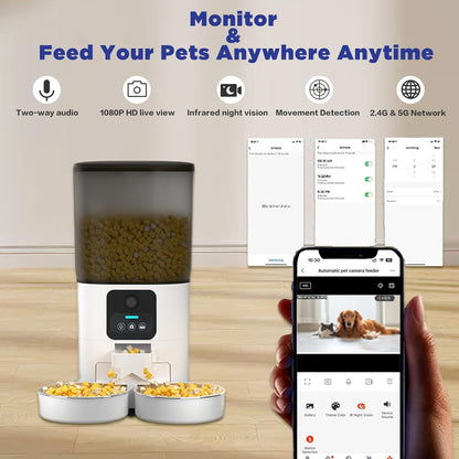 Smart Dual-Pet Automatic Feeder: HD Video, 5G WiFi, Two-Way Audio, Large Capacity