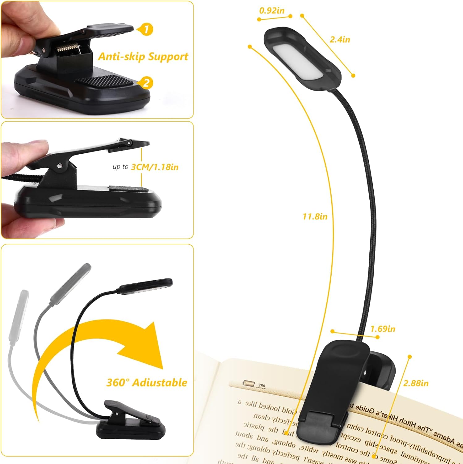 Amolaty LED Rechargeable Book Light, 9 Modes, Clip-On