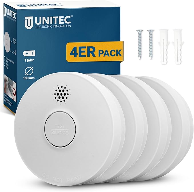 UNITEC Photoelectric Smoke Alarm Pack of 4, TÜV Certified 85dB