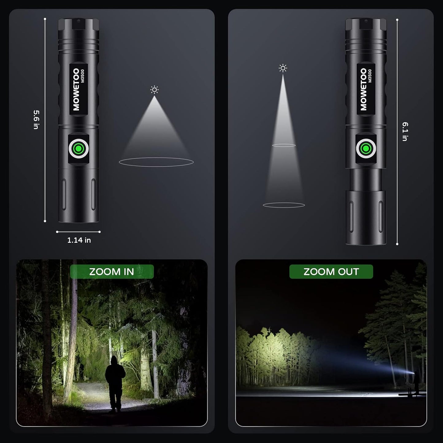 MOWETOO M3500 Rechargeable LED Torch 3500 Lumens Zoomable USB-C Aluminium Alloy Flashlight