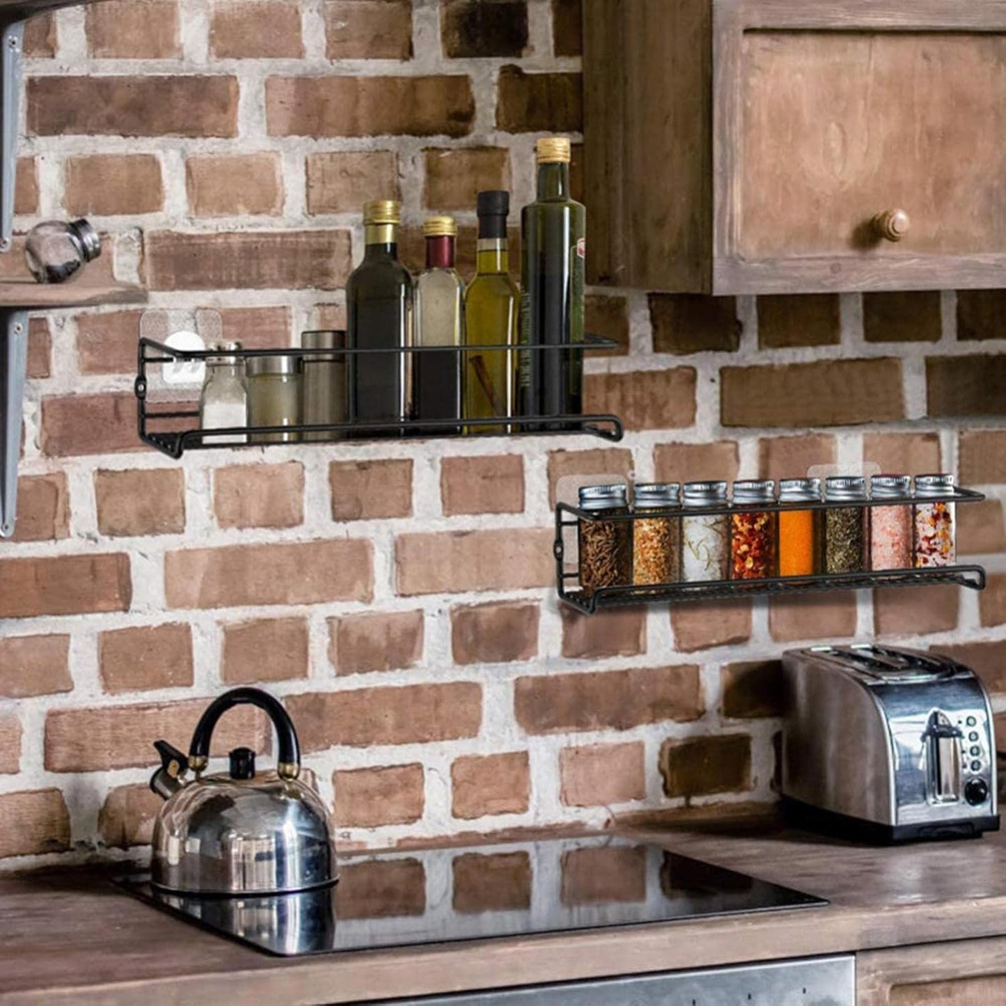 Metal Wall-Mounted Spice Rack Organizer Set - Black, 2 Pieces