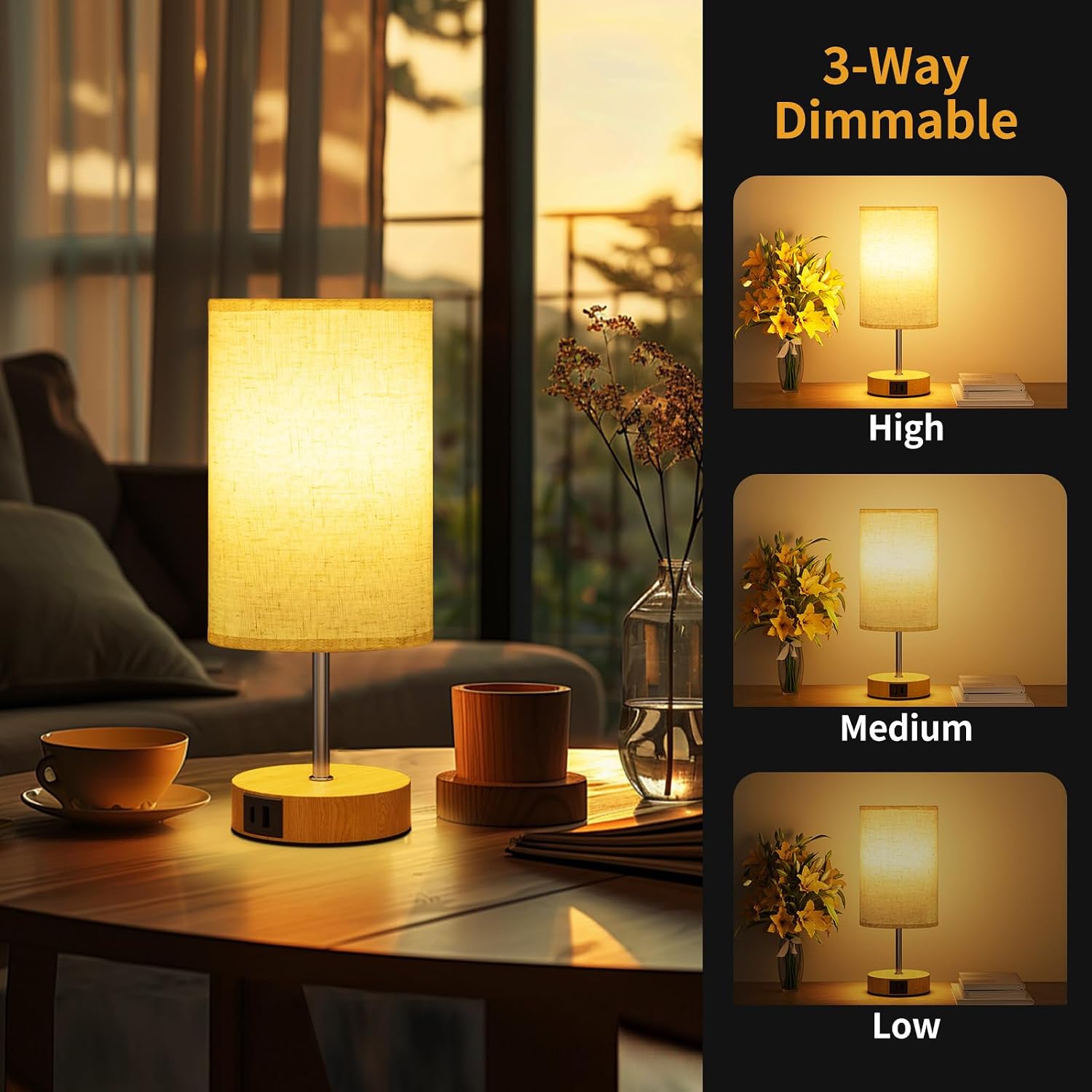 Suright Bedside Lamps Set of 2 with USB A+C Charging Ports 3-Way Dimmable Touch Control Table Lamp with Linen Fabric Shade LED Bulb Included