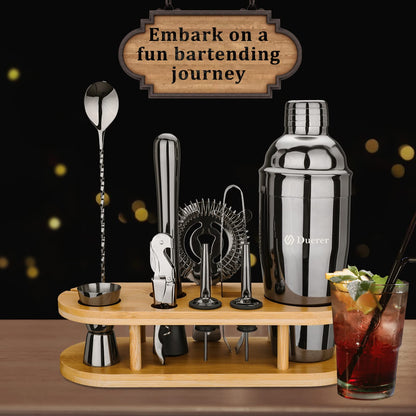 Premium Duerer 11-Piece Black Cocktail Bartender Kit with Bamboo Stand
