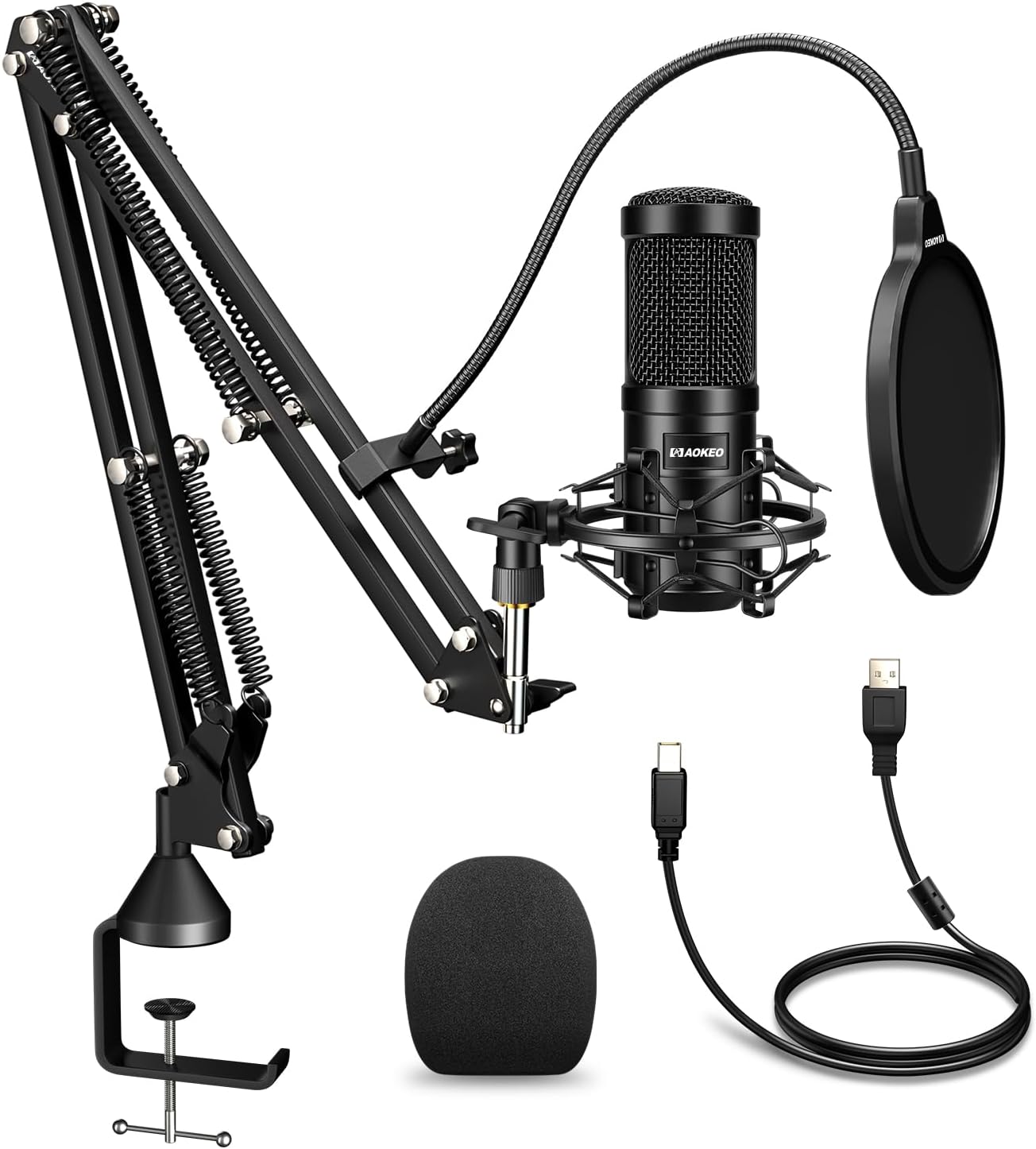 Aokeo AK-60 USB Condenser Microphone Kit – 192kHz/24bit Cardioid Mic with Boom Arm, Shock Mount & Pop Filter
