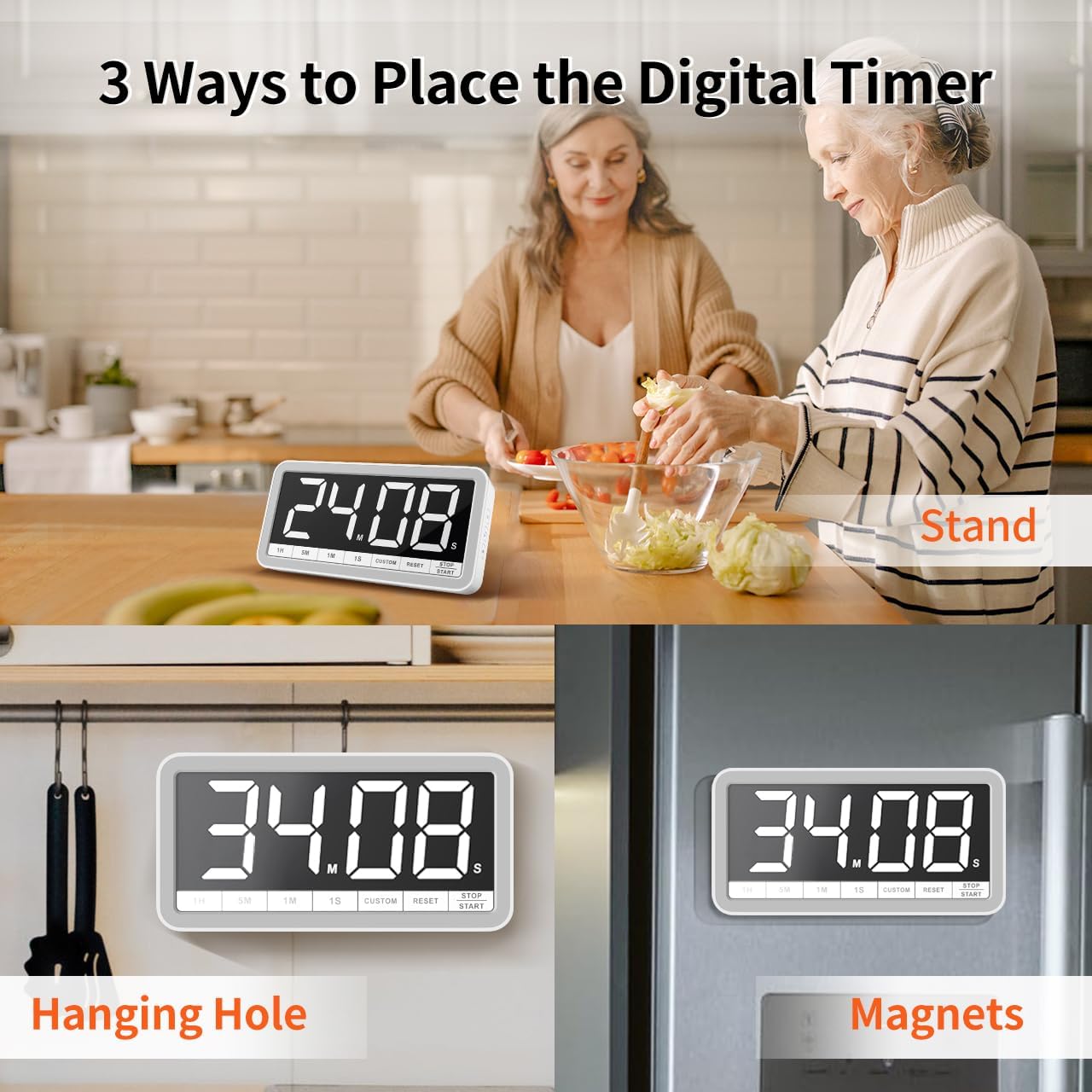 VOCOO Digital Kitchen Timer 7.8" Extra Large Display Magnetic LED White