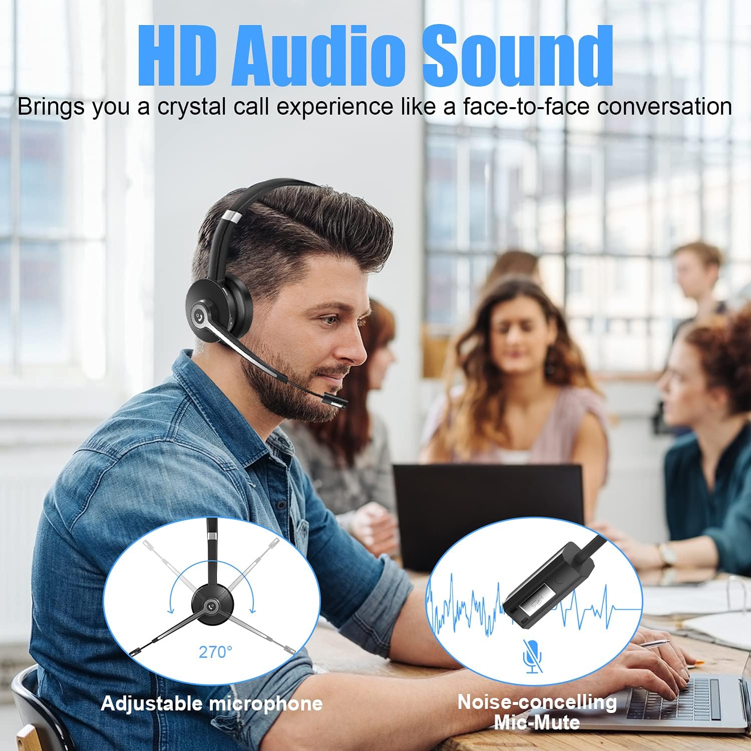 YUWAKAYI Bluetooth Headset V5.0 Noise Canceling Mic Mute 26H Battery Over-Ear Wireless Headphone for Laptop Cell Phone Tablet Call Center Office Black